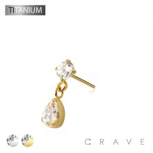 IMPLANT GRADE TITANIUM THREADLESS PUSH IN ROUND BEZEL TEAR DROP DANGLE CZ TOP PART